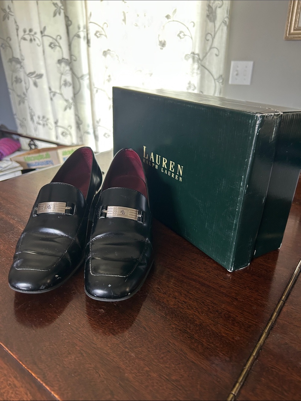 Lauren Ralph Lauren Black Leather Penny Loafers with Silver Buckle